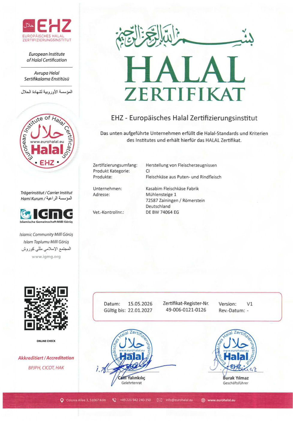 Halal-Zertifikat EHZ — KASABIM Fleischkäse Fabrik